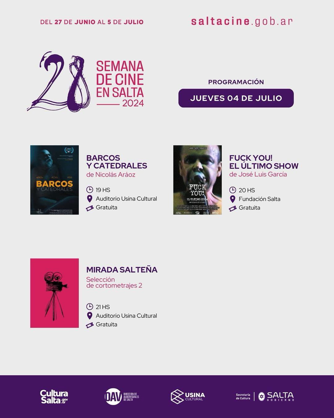 ¡Te compartimos la programación de películas que estaremos proyectando en la 28º Semana de Cine en Salta   .Recordá que podes consultar la agenda completa de actividades ingresando a www.saltacine.gob. (6)