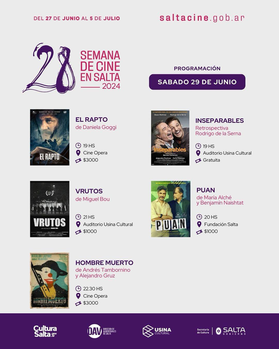 ¡Te compartimos la programación de películas que estaremos proyectando en la 28º Semana de Cine en Salta   .Recordá que podes consultar la agenda completa de actividades ingresando a www.saltacine.gob. (1)