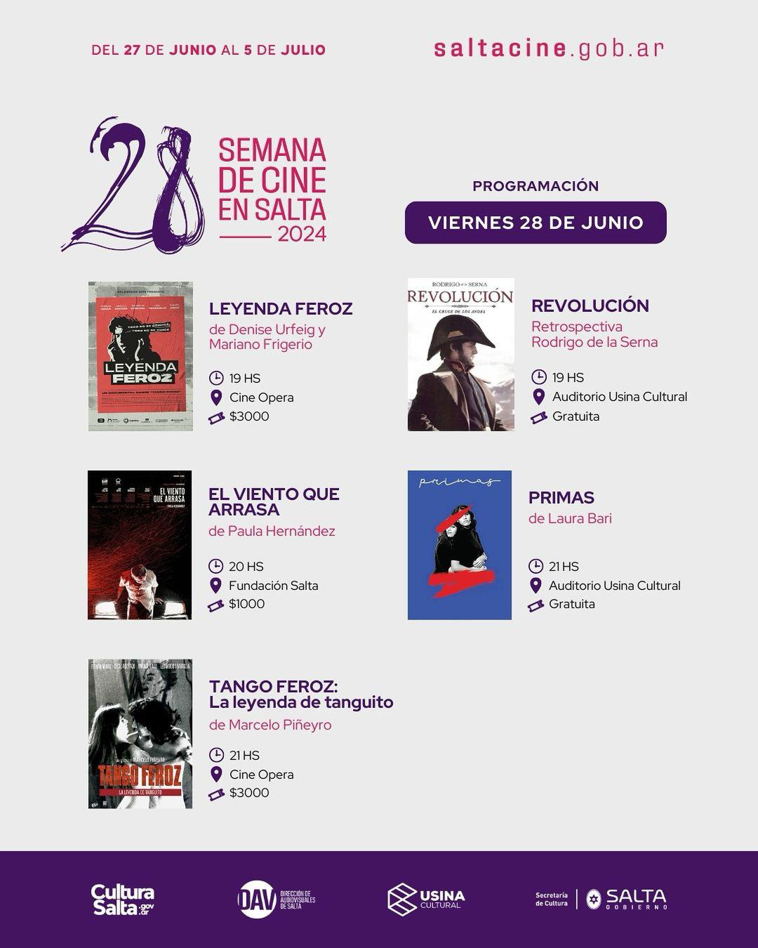 ¡Te compartimos la programación de películas que estaremos proyectando en la 28º Semana de Cine en Salta   .Recordá que podes consultar la agenda completa de actividades ingresando a www.saltacine.gob.ar.¡