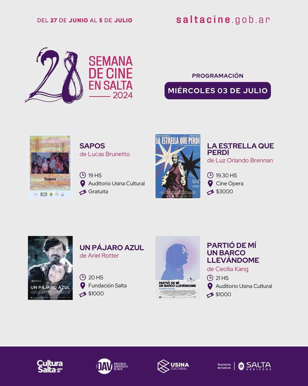 ¡Te compartimos la programación de películas que estaremos proyectando en la 28º Semana de Cine en Salta   .Recordá que podes consultar la agenda completa de actividades ingresando a www.saltacine.gob. (5)