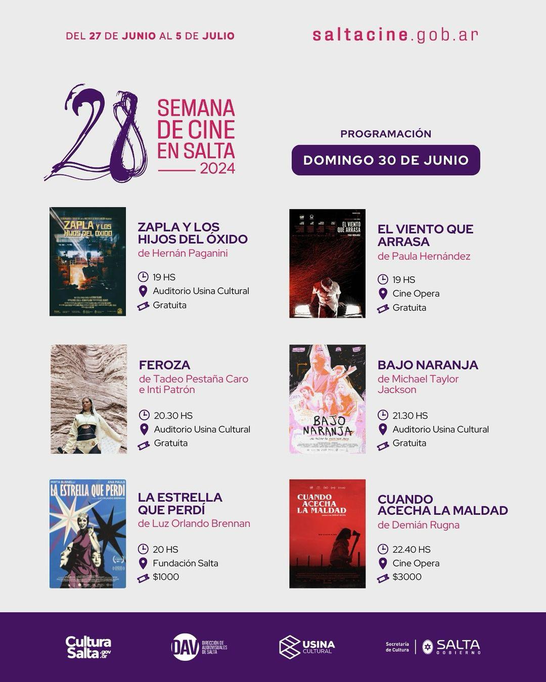 ¡Te compartimos la programación de películas que estaremos proyectando en la 28º Semana de Cine en Salta   .Recordá que podes consultar la agenda completa de actividades ingresando a www.saltacine.gob. (2)