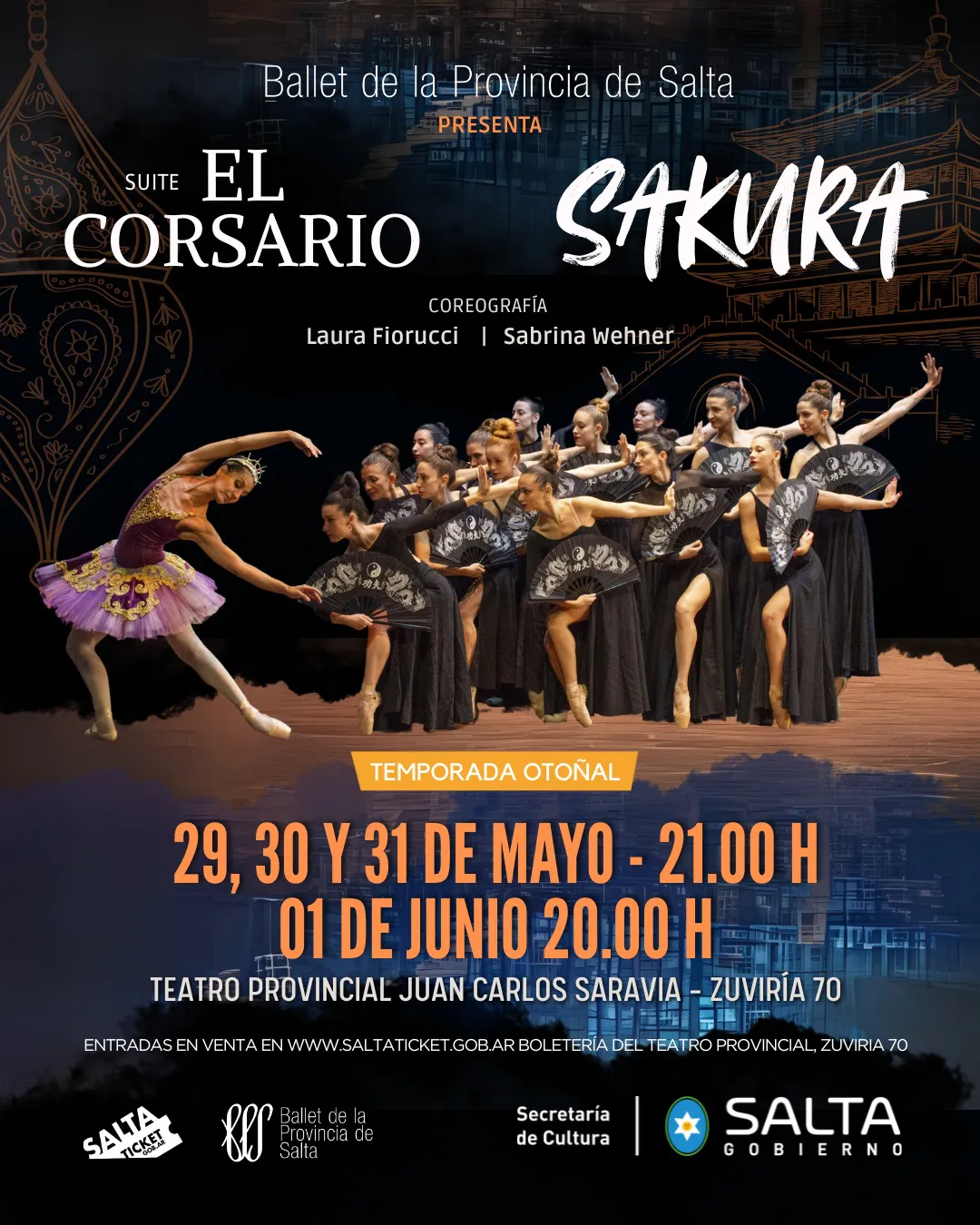 Suite de “El Corsario” y “Sakura” en una nueva propuesta del Ballet de la Provincia. Teatro Provincial “Juan Carlos Saravia” Funciones-29, 30 y 31 de mayo – 21 h1 de junio – 20 h En programa- Suite de